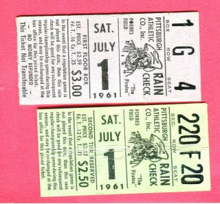 (2 Tix) 7/1/61 Pirates/giants Ticket Stubs - Forbes Field - Roberto Clemente 2 Hits