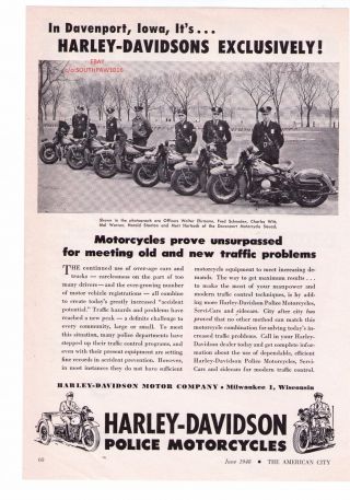 1948 Vintage Harley Davidson Police Motorcycles " Davenport,  Iowa Print Ad