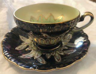 Vintage Hb Tea Cup & Saucer Occupied Japan Handpainted Gold Teal Black