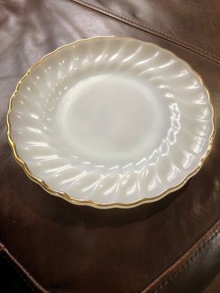 Vintage Anchor Hocking Fire King White Milk Glass Swirl Gold Trim Plate