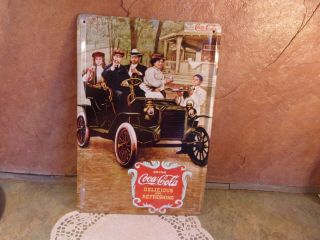 Metal Sign Drink Coca Cola Delicious & Refreshing Vintage Looking People & Car Y