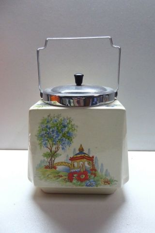 English China Chinoiserie Biscuit Barrel Jar Pagoda Oriental Garden Deco Vintage