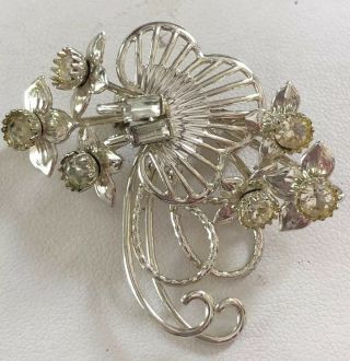 Vintage Costume Fashion Jewelry Silver Tone Clear Rhinestone Pin Brooch