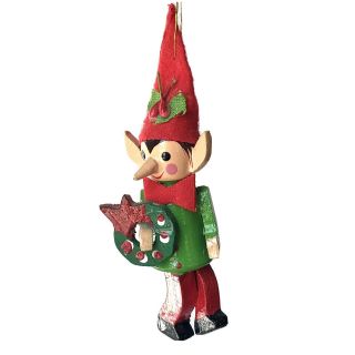 Vintage Hand Painted Wood Elf With Red Felt Hat Christmas Ornament 4 "