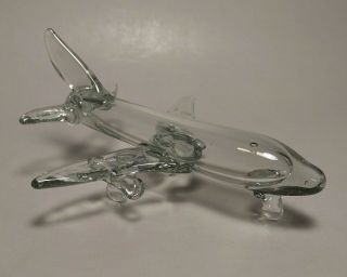 Airplane Or Jet Plane Art Glass Figurine Or Paperweight Hand Blown Clear 6.  5 "