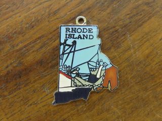 Vintage Silver Rhode Island State Map Fishing Boats Enamel Souvenir Charm P