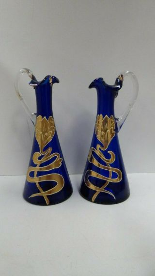 Pair Antique Victorian Art Nouveau Gilt Decorative Jugs Cobalt Blue Glass