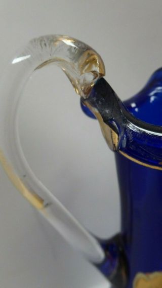 PAIR ANTIQUE VICTORIAN ART NOUVEAU GILT DECORATIVE JUGS COBALT BLUE GLASS 2