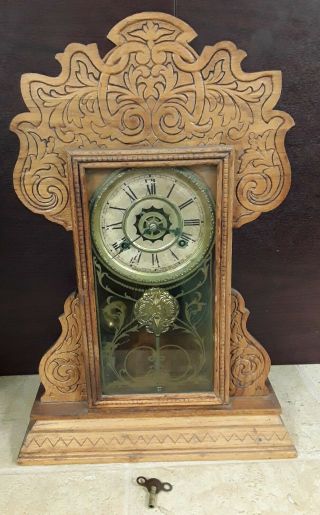 Antique Waterbury Mantel Clock W Alarm Gingerbread Wooden Case 8 Day Harlem Runs