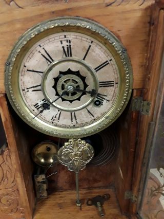 Antique WATERBURY Mantel Clock w Alarm GINGERBREAD Wooden Case 8 Day Harlem RUNS 2