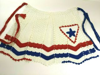 Vintage Waist Apron Red White And Blue Hand Crochet Patriotic Handmade Usa Euc