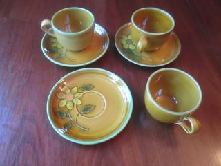 Set Of 3 Vintage Mid Century Dahlia Poppytrail Metlox Tea Cups & 6 " Saucers Usa