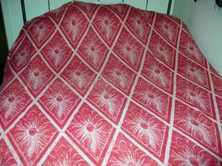 Vintage Red Cotton Camp Blanket With Diamond Star Pattern Reversible.  70 " X 74 "