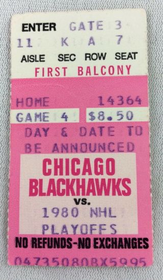 Nhl 1980 04/20 Buffalo Sabres At Chicago Blackhawks Hockey Playoff Ticket Stub
