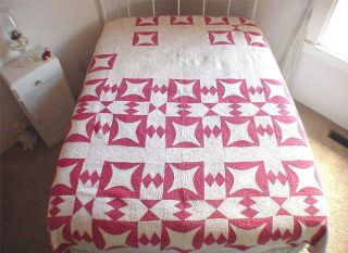 Vtg 1920s Amish Hand Stitched Red White Cotton Cutter Quilt