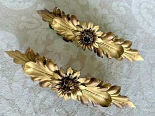 Vintage Curtain Rod Center Finial,  9 " Long Gold,  Metal Leaves,  For 1/2 " Rod