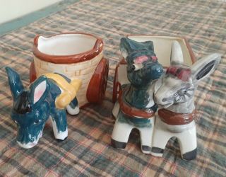 2 Vintage Ceramic Donkey And Cart Planters Japan