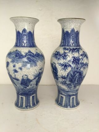 Pair Blue White Antique Vintage Chinese Porcelain Crackle Glaze Vases Young Boys