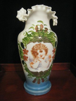 Victorian Hand Painted Bristol Glass Vase 10 1/2 " Tall Antique