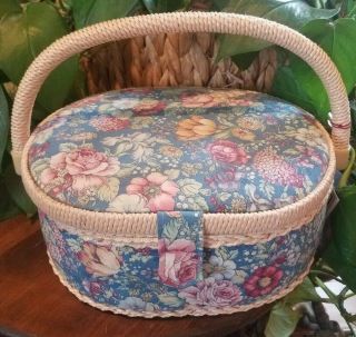 Vintage Wickerfloral Fabric Covered Sewing Box Basket W/tray Pocket Pin Cushion