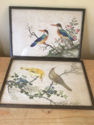 A Vintage Chinese Silk Hand Painted Bird Pictures