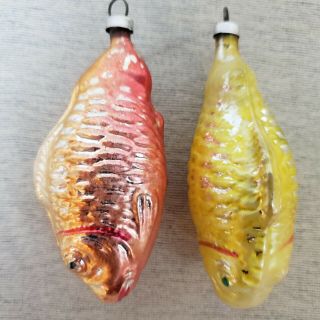 2 Vintage Austrian Glass Christmas Ornaments Red And Yellow Fish