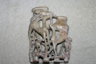 Antique Chinese Carved Soapstone Vase/pot: Trees,  Monkeys & Dear 6 " Lx7 - 3/4 " Hx3 " D