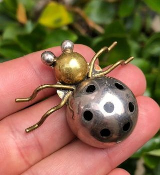 Vintage Old Taxco Mexico Sterling Silver & Brass Enamel Spider Brooch Pin