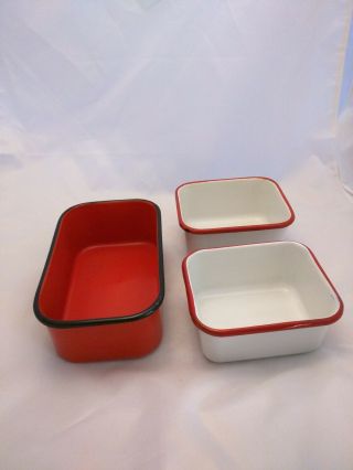 Set Of Three Vintage Enamel Pans Red Black White