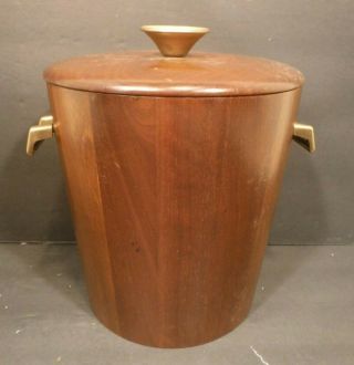 Vintage Vermillion Wooden Solid Walnut Ice Bucket With Plastic Liner & Tongs