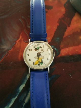 Vintage Timex Disney Minnie Mouse Hand Winding Wristwatch With Black Band 1971