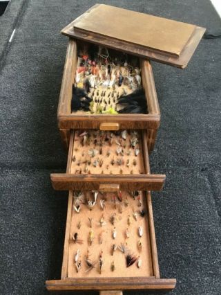 Vintage Hand Made Desk Top Fly Fishing Box “loaded” W/flies