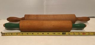 Vintage Munising Green Handed Wood Rolling Pin And 2nd Unmarked Wood Rolling Pin