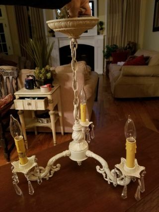 Distressed Antique White Metal Shabby Chic Mini Chandelier W/ Crystals 3 Light