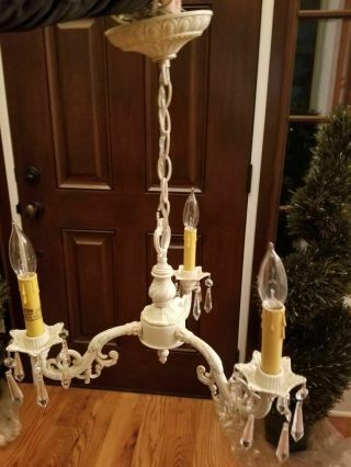 Distressed Antique White METAL Shabby Chic Mini CHANDELIER w/ CRYSTALS 3 light 2