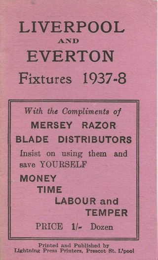 Ultra - Rare Vintage Everton Liverpool Fixture Card Ticket List 1937 - 1938 Season