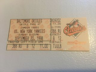 Orioles Cal Ripken 2632 Games Streak End Ticket Stub Vs Yankees 9 - 20 - 1998