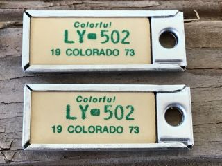 Vintage 1973 Matched Pair Dav License Plate Tag Key Chains Colorado Ly - 502 1.  5 "