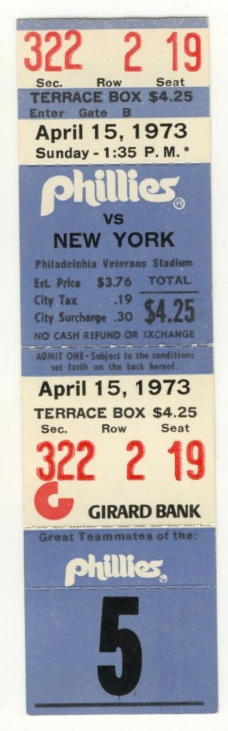 Phillies Ticket Stub 1973 Vs Mets
