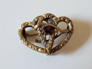 Antique Double Heart And Red Stone Gold Gilt Brooch
