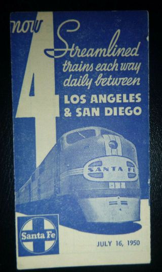 1950 Los Angeles To San Diego Santa Fe Railroad Timetable Small 4 1/4 X 2 1/4