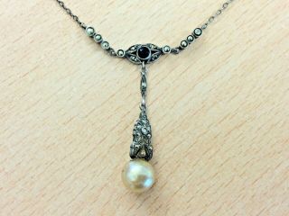 Antique Art Deco Silver Pearl & Marcasite Necklace 1920