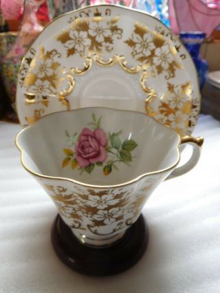 Vintage Queen Anne Tea Cup And Saucer Gold Chintz And Single Red Rose