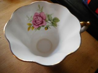 vintage queen anne tea cup and saucer gold chintz and single red rose 2