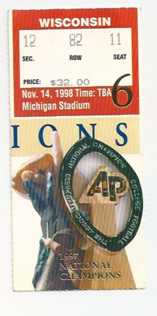 1998 Michigan Wisconsin College Football Ticket Stub Tom Brady