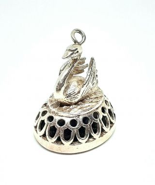 Antique Vintage Sterling Silver Graceful Swan Bird On Onyx Stone Fob Pendant
