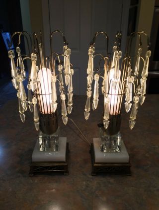 Pair Antique Art Deco Waterfall Table Lamps With Marble Bases -