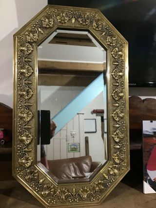 ARTS AND CRAFTS WALL MIRROR.  BRASS FRAME WITH STYLISH SHELL DESIGN 2