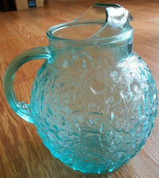 Vintage Anchor Hocking Aqua Blue Crinkle Ball Pitcher With Ice Lip