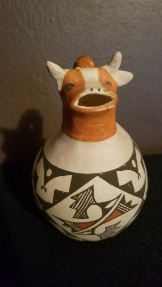 Antique Acoma Pueblo Cow Pottery Pitcher Native American Indian Signed
